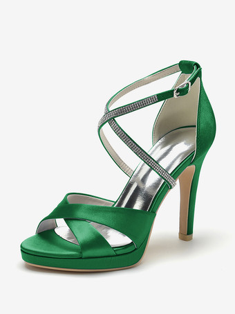 グリーン アイボリーハイヒールウェディングシューズオープントゥラインストーンCirss Corssブライダルシューズ