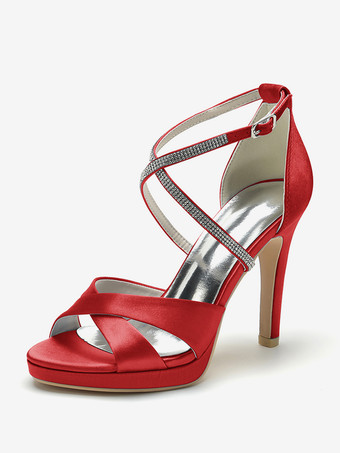 レッド アイボリーハイヒールウェディングシューズオープントゥラインストーンCirss Corssブライダルシューズ