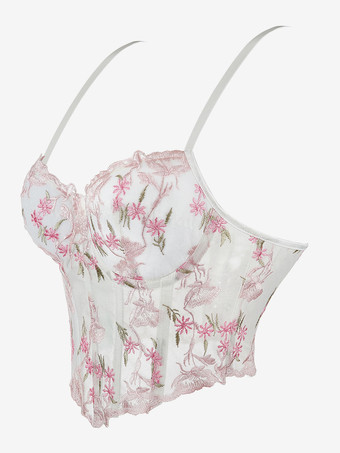 レディースコルセット ホワイト スパゲッティストラップ レースアップ 花柄 インドア シック タンクトップ