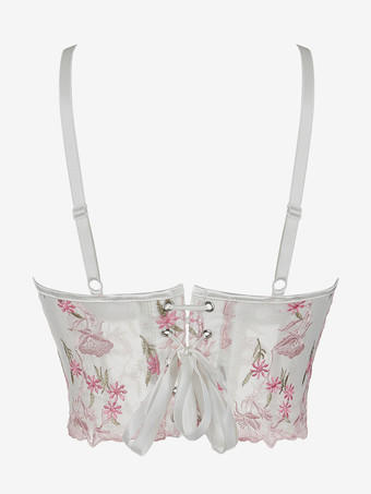 レディースコルセット ホワイト スパゲッティストラップ レースアップ 花柄 インドア シック タンクトップ