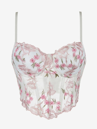 ホワイト レディースコルセット ホワイト スパゲッティストラップ レースアップ 花柄 インドア シック タンクトップ