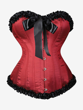 ワインレッド レディースコルセット バーガンディ アンダーバスト レースアップ カスケードフリル デイリーカジュアル シック ビスチェ