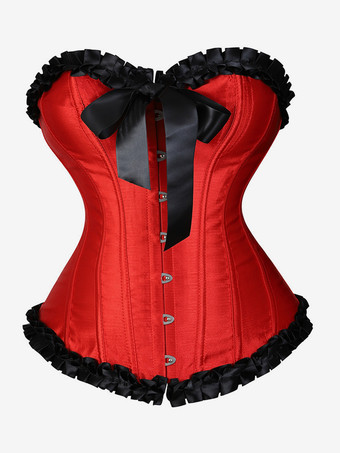 レッド レディースコルセット バーガンディ アンダーバスト レースアップ カスケードフリル デイリーカジュアル シック ビスチェ