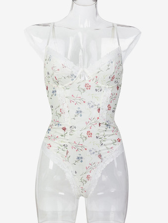 Nuisette Femme Imprimé Floral Dentelle Écru Blanc Lingerie Sexy