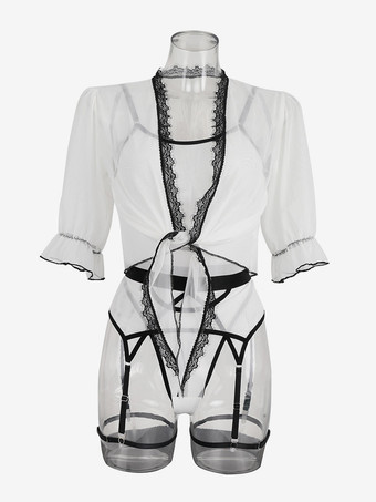 女性用セクシーランジェリー 4点セット 透け感のあるホワイト 大人用ブラ＆パンティセット オーバーコート付き