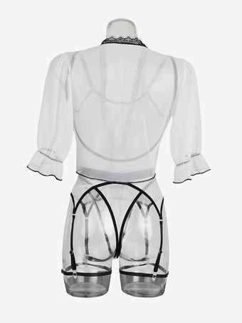 女性用セクシーランジェリー 4点セット 透け感のあるホワイト 大人用ブラ＆パンティセット オーバーコート付き