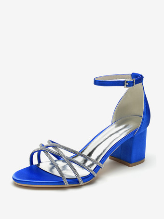 Königsblau Weiße Hochzeitsschuhe mit offener Spitze und Strasssteinen Riemchen und klobigem Absatz