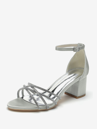 HellgrauWeiße Hochzeitsschuhe mit offener Spitze und Strasssteinen Riemchen und klobigem Absatz