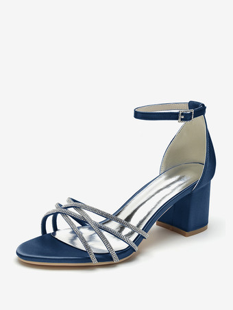 Dunkelblau Weiße Hochzeitsschuhe mit offener Spitze und Strasssteinen Riemchen und klobigem Absatz