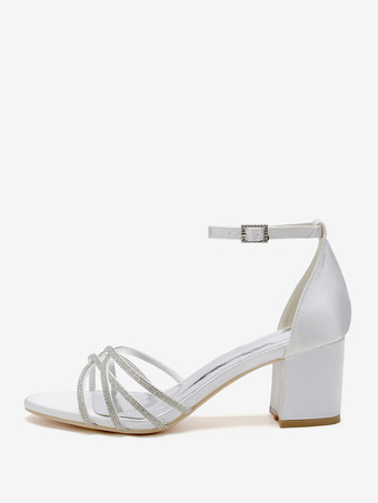 Weiße Hochzeitsschuhe mit offener Spitze und Strasssteinen Riemchen und klobigem Absatz