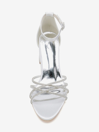 Weiße Hochzeitsschuhe mit offener Spitze und Strasssteinen Riemchen und klobigem Absatz