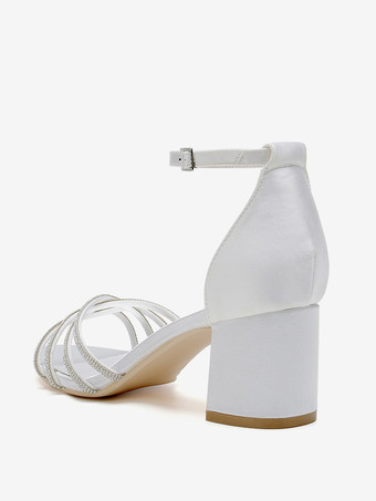 Weiße Hochzeitsschuhe mit offener Spitze und Strasssteinen Riemchen und klobigem Absatz