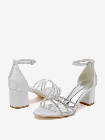 Weiße Hochzeitsschuhe mit offener Spitze und Strasssteinen Riemchen und klobigem Absatz