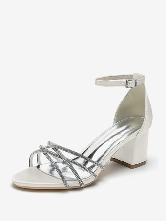 elfenbeinweißWeiße Hochzeitsschuhe mit offener Spitze und Strasssteinen Riemchen und klobigem Absatz