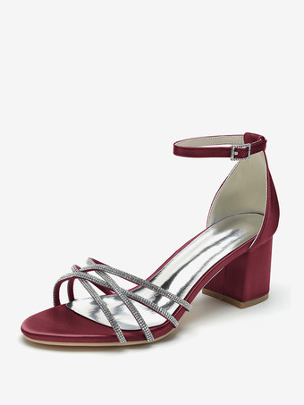 BurgunderrotWeiße Hochzeitsschuhe mit offener Spitze und Strasssteinen Riemchen und klobigem Absatz