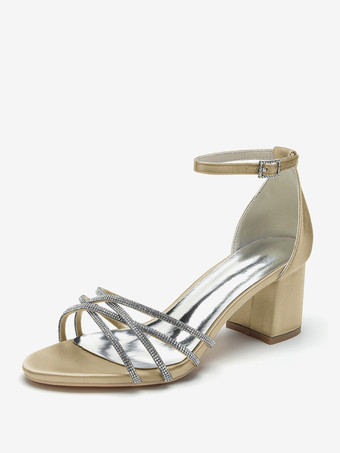 ChampagnerWeiße Hochzeitsschuhe mit offener Spitze und Strasssteinen Riemchen und klobigem Absatz