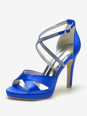 ロイヤルブルーアイボリーハイヒールウェディングシューズオープントゥラインストーンCirss Corssブライダルシューズ