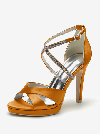 オレンジ アイボリーハイヒールウェディングシューズオープントゥラインストーンCirss Corssブライダルシューズ