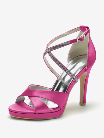 ローズレッドアイボリーハイヒールウェディングシューズオープントゥラインストーンCirss Corssブライダルシューズ