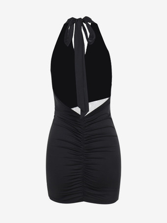 ブラック ホルターネック ドレス アシンメトリー メッシュ セクシー バックレス ボディコン ミニ クラブ ドレス 2026