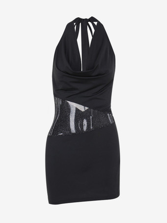 ブラック ホルターネック ドレス アシンメトリー メッシュ セクシー バックレス ボディコン ミニ クラブ ドレス 2026