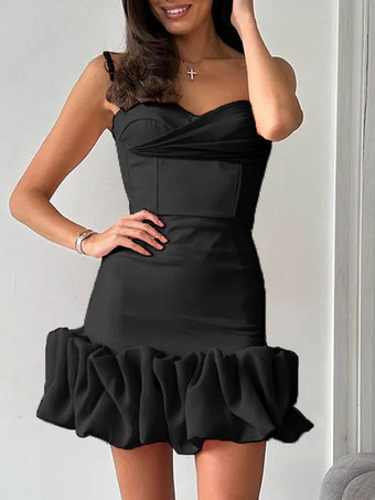 ブラック フリルミニドレス スウィートハートネックライン バースデーパーティー ボディコン ストラップドレス レディース 2025