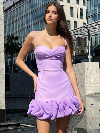 パープル フリルミニドレス スウィートハートネックライン バースデーパーティー ボディコン ストラップドレス レディース 2025