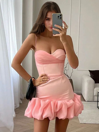 ピンクフリルミニドレス スウィートハートネックライン バースデーパーティー ボディコン ストラップドレス レディース 2025