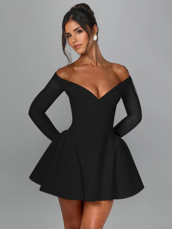 Black Mini Dress Plunge Bardot Neckline A-line Birthday Party Dress For Women 2025