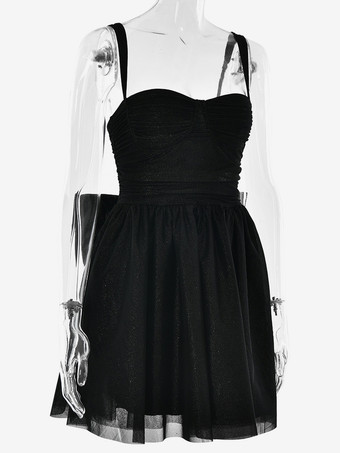 Vestido mini con lazo y purpurina corte A con tirantes para fiesta de cumpleaños para mujer (2025)