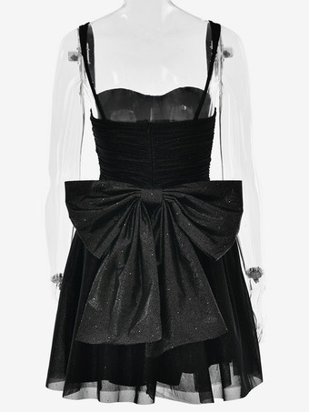 Vestido mini con lazo y purpurina corte A con tirantes para fiesta de cumpleaños para mujer (2025)