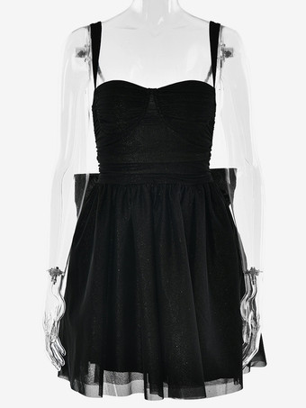 Vestido mini con lazo y purpurina corte A con tirantes para fiesta de cumpleaños para mujer (2025)