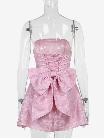 ソフトピンクの花柄ストラップレスドレス（蝶結び付き）誕生日パーティーAラインミニドレス（女性用）2025