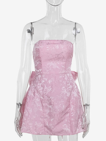 ソフトピンクの花柄ストラップレスドレス（蝶結び付き）誕生日パーティーAラインミニドレス（女性用）2025