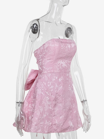 ソフトピンクの花柄ストラップレスドレス（蝶結び付き）誕生日パーティーAラインミニドレス（女性用）2025