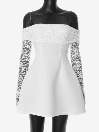 オフショルダーミニドレス、レース付き、長袖、Aライン、誕生日パーティードレス、女性用 2025