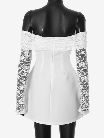 オフショルダーミニドレス、レース付き、長袖、Aライン、誕生日パーティードレス、女性用 2025