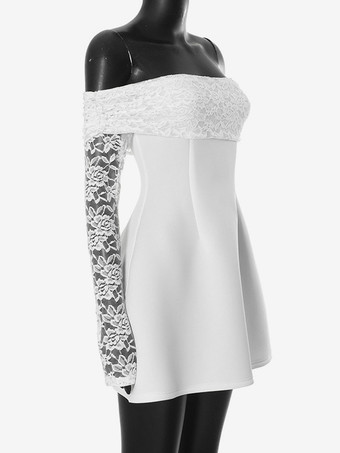 オフショルダーミニドレス、レース付き、長袖、Aライン、誕生日パーティードレス、女性用 2025