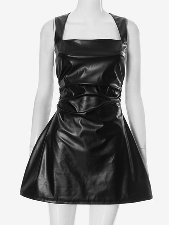 フェイクレザードレス スクエアネック ルーシュウエスト Aライン ミニクラブドレス レディース 2026