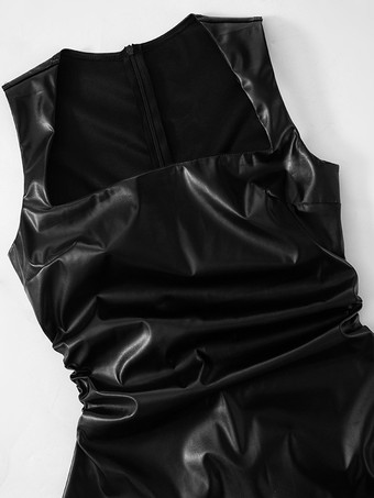 フェイクレザードレス スクエアネック ルーシュウエスト Aライン ミニクラブドレス レディース 2026