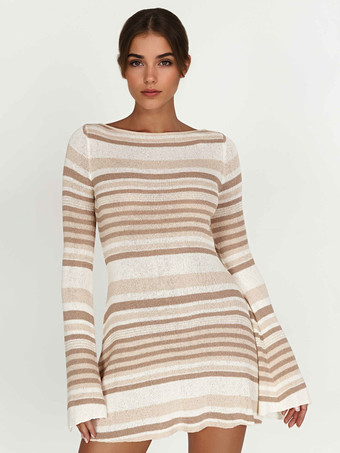 カーキ バックカットアウトベル付きストライプニットドレス 長袖ミニドレス レディース 2025