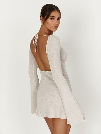 バックカットアウトベル付きストライプニットドレス 長袖ミニドレス レディース 2025