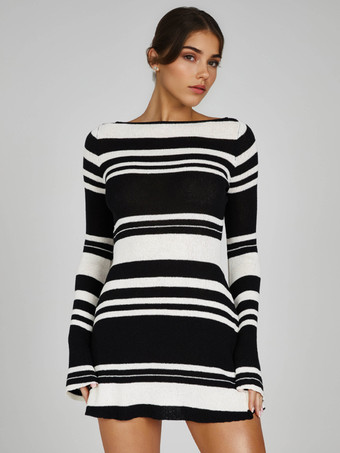 ホワイト＋ブラックバックカットアウトベル付きストライプニットドレス 長袖ミニドレス レディース 2025