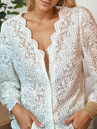 アプリコットレディースレースブラウス Vネック 長袖 春 カジュアルシャツ 2025