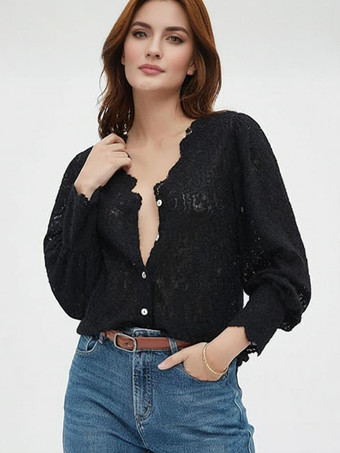 ブラック レディースレースブラウス Vネック 長袖 春 カジュアルシャツ 2025