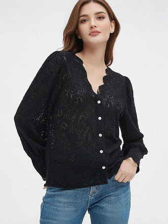 レディースレースブラウス Vネック 長袖 春 カジュアルシャツ 2025