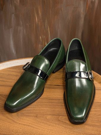 ダークグリーンメンズ モンクローファー ブラックシューズ バックル 牛革 クラシックローファー