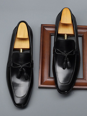 メンズタッセルローファーシューズ 牛革スクエアトゥ メンズローファー