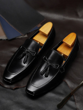 ブラック メンズタッセルローファーシューズ 牛革スクエアトゥ メンズローファー