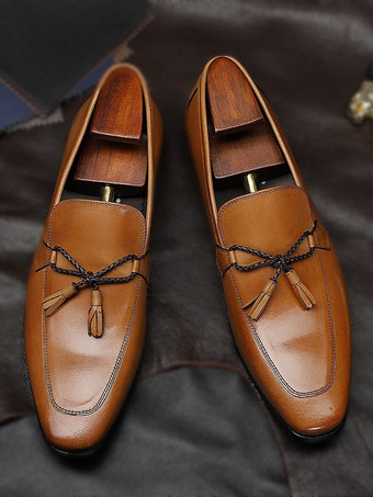 メンズタッセルローファーシューズ 牛革スクエアトゥ メンズローファー